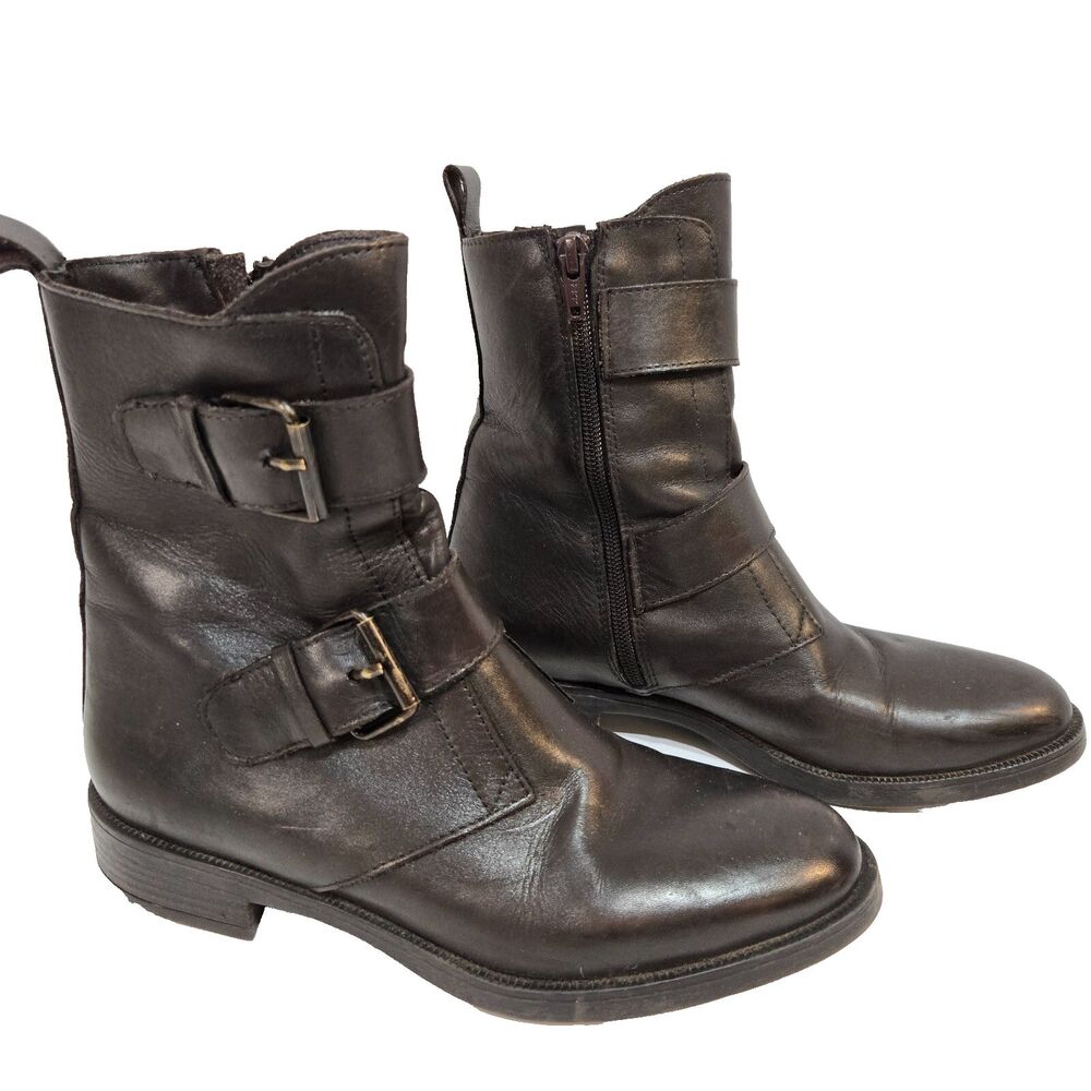 Emanuele Crasto Womens 38/7.5 Moto Boots Double Buckle Dark Brown Leather Italy